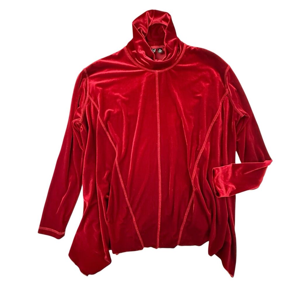 Sno Skins Velvet Turtleneck Top XL Red Long Sleeve Velour Relaxed Sharkbite Hem
